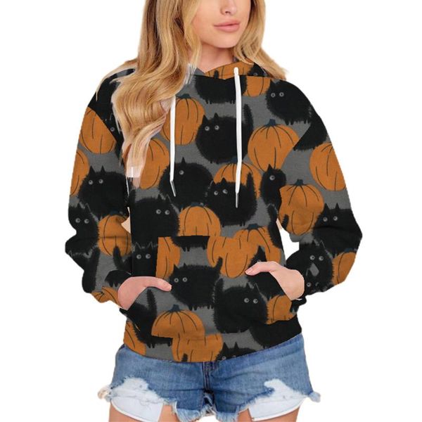 

women's hoodies & sweatshirts halloween pumpkin cat pullover women pullovers winter autumn hoodie casual loose big pocket hooded, Black