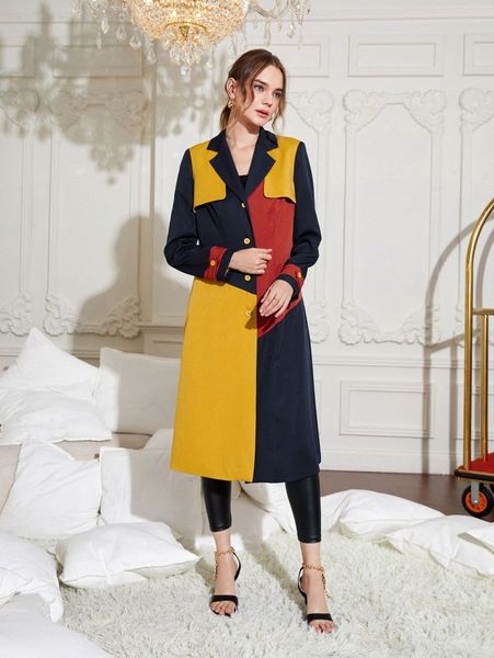 

x amna khan color block trench coat h4si#, Tan;black