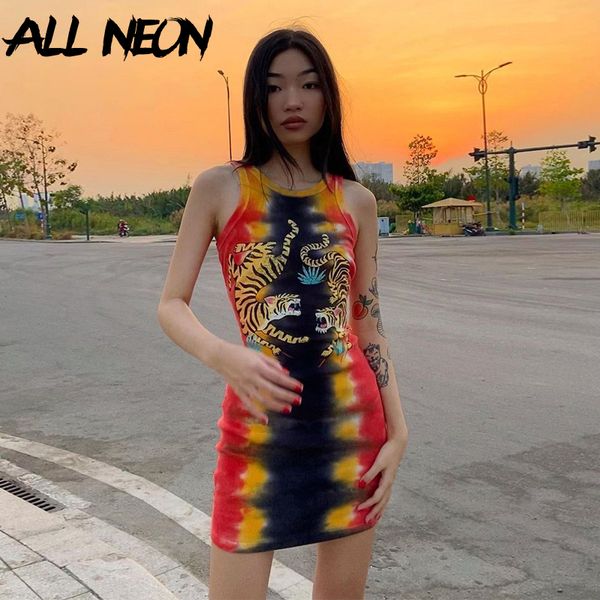 

2021allneon punk tie dye sleeveless graphic mini dresses ribbed o-neck tiger printing bodycon party dress e-girl rave summer dresses, Black;gray