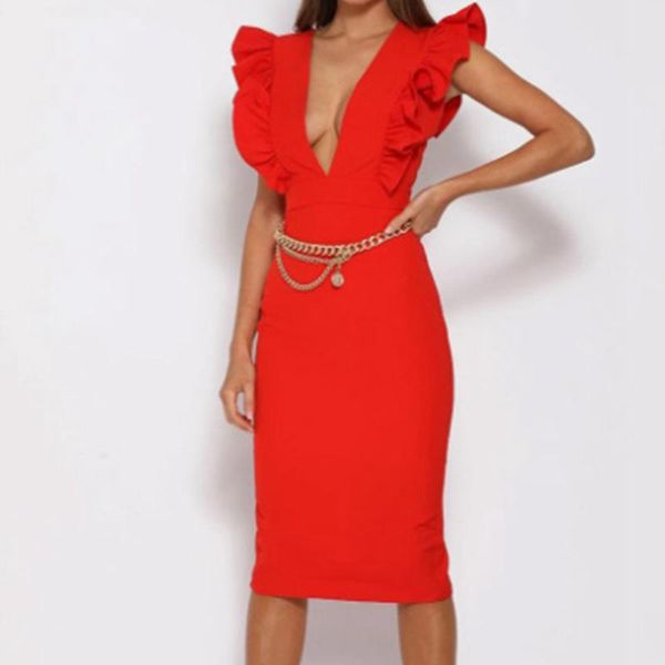 

graceful women solid bodycon dress 2021 spring est lady's deep v-neck ruffles sleeveless high waist mid-calf dresses casual, Black;gray