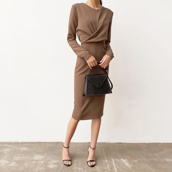 

mnealways18 chic cross brown dress women full sleeve solid midi spring office ladies split black casual zipper beige dresses, Black;gray