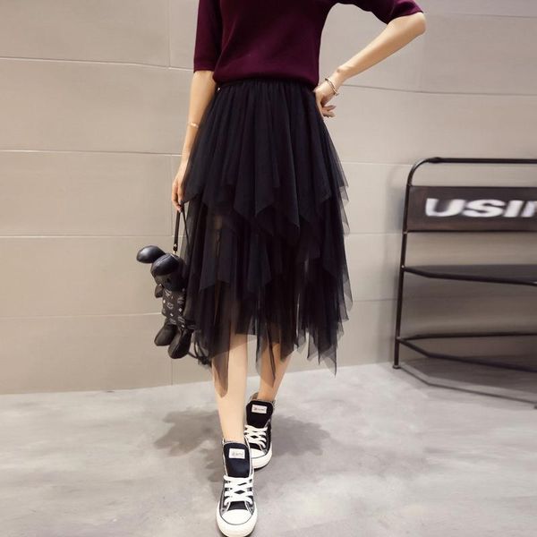 

skirts spring and summer mesh cake skirt middle length student korean half irregular yarn fairy, Black