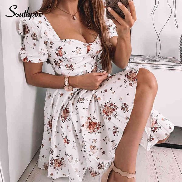 

2021southpire bohe flower print white dress women s short puff sleeve zipper mini sundress elegant summer dress ladies clothing, Black;gray