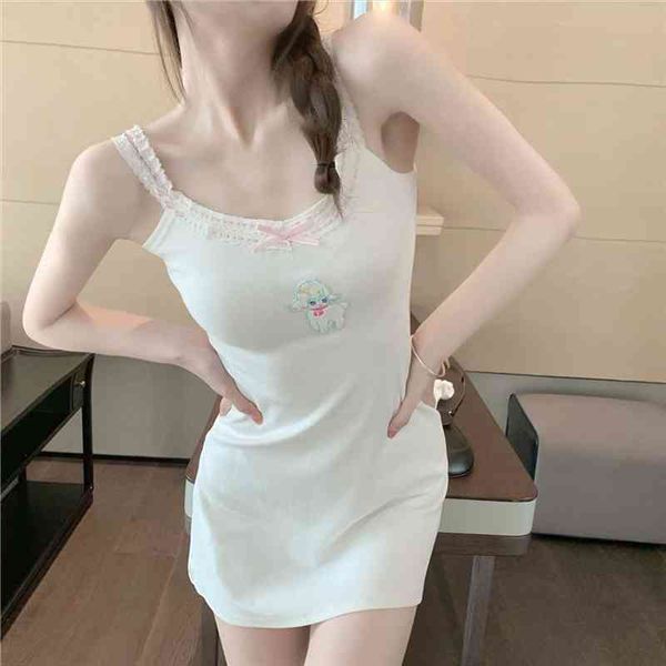 

ribbon lace trim sweet summer women dress double shoulder cute lamb pattern white cotton slim mini for kawaii girls, Black;gray