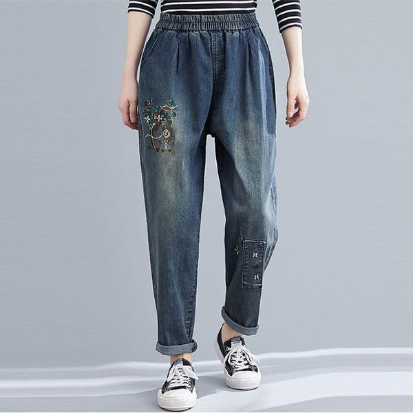 

spring autumn arts style women elastic waist loose blue jeans vintage embroidery denim harem pants plus size s68 women's
