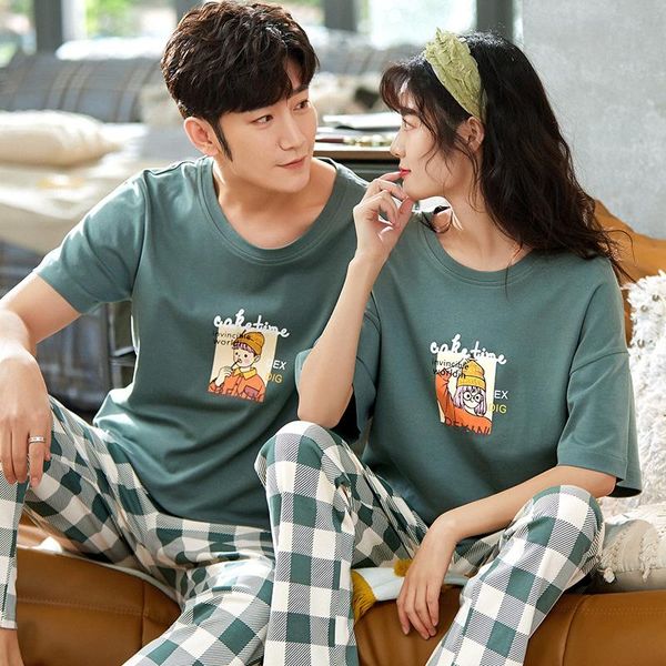 

men's sleepwear home style couple pajamas set spring summer short sleeve women cotton cute cartoon casual homewear plus size, Black;brown