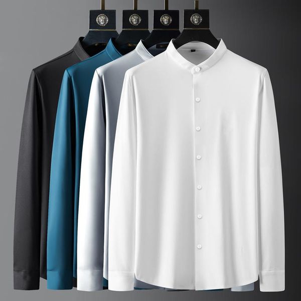 

men's casual shirts 2021 spring autumn luxury long sleeve stand collar white male fashion slim fit man 4xl, White;black