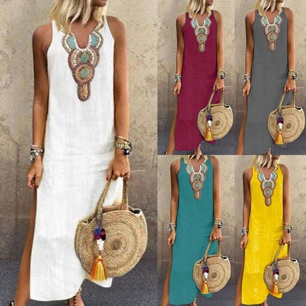 

70% sell summer paisley print womens dresses v neck sleeveless split maxi linen loose kaftan dress, Black;gray