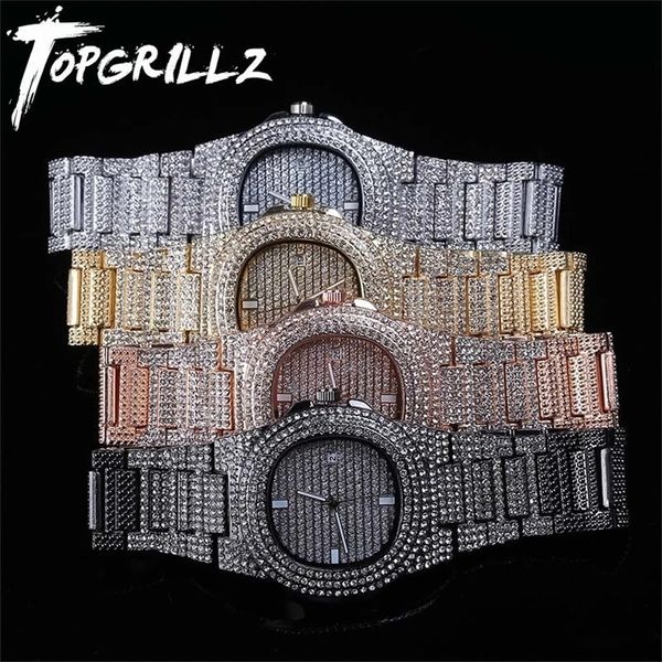 

rillz brand iced out diamond watch quartz gold hip hop es with micropave cz stainless steel clock relogio 220228, Slivery;golden