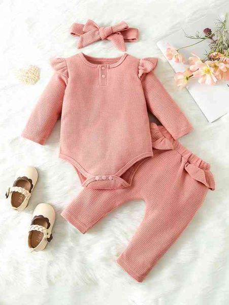 

baby waffle knit ruffle trim bodysuit & pants with headband she, White