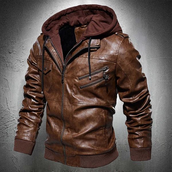 Мужская кожаная куртка стиль мотоциклетной куртку Урожай PU кожа капюшон пальто зима для моды одежда мужчины Chaquea Moto Hombre 211009