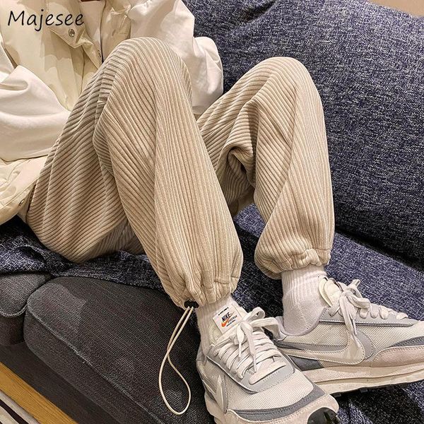 

men's pants men corduroy spring adjustable straight loose trousers couples solid drawstring casual pantalones male students daily chic, Black