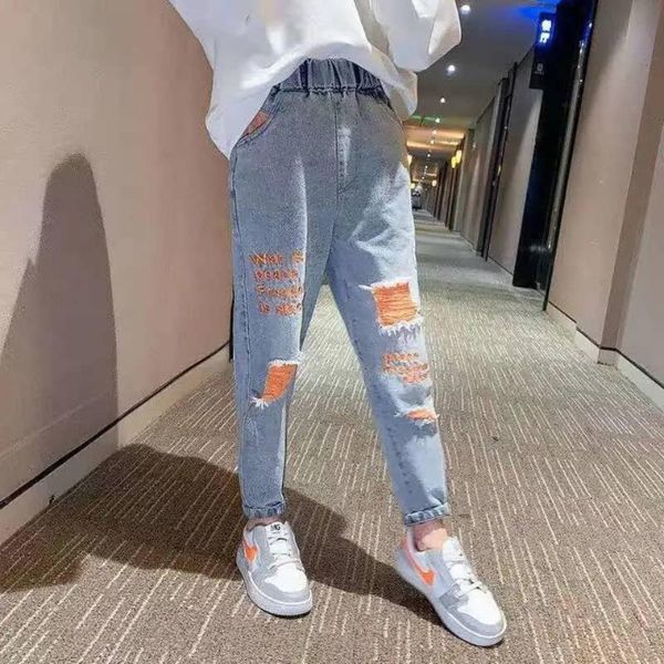 

fashion children ripped jeans kids letter baby girls denim pants for teenagers toddler clothes, Blue