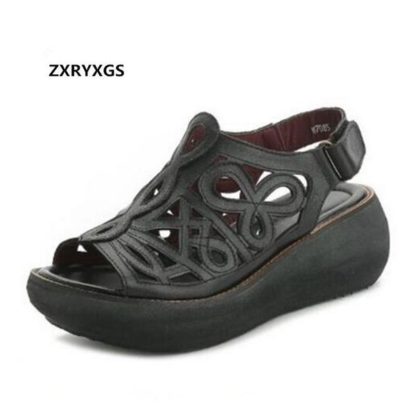

dress shoes zxryxgs brand sandals platform woman wedges 2021 hollow summer retro cow leather women, Black