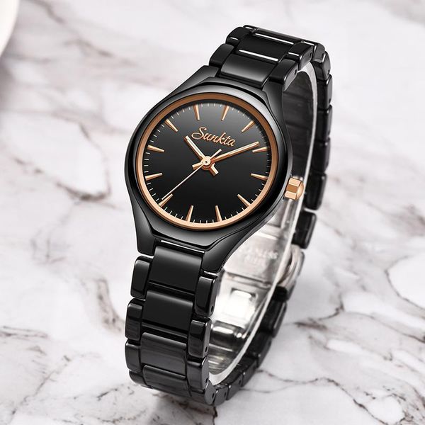

wristwatches sunkta fashion simple all black ceramic rose gold watches women waterproof girl quartz clock+box, Slivery;brown