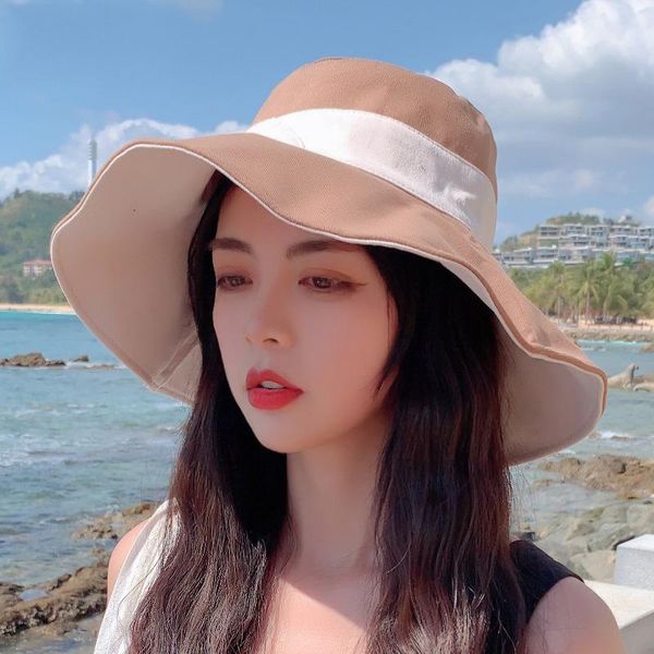 

k127women's summer korean version of the japanese sun hat hat, sunscreen big eaves double-sided fisherman bucket wide brim hats, Blue;gray