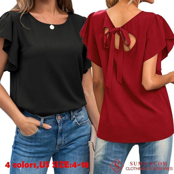 

ladies summer solid color polyester ruffled short sleeve back knotted long t-shirt one piece drop women's, White