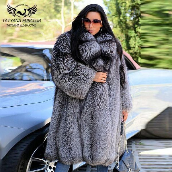 

women's fur & faux luxury real silver coat with big lapel collar winter fashion women overcoats long 2021 natural coats, Black