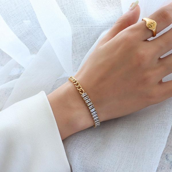 

link, chain gold colour 316l stainless steel bracelets for women jewelry, sparkling cubic zirconia hand bracelet bangle female bijoux, Black