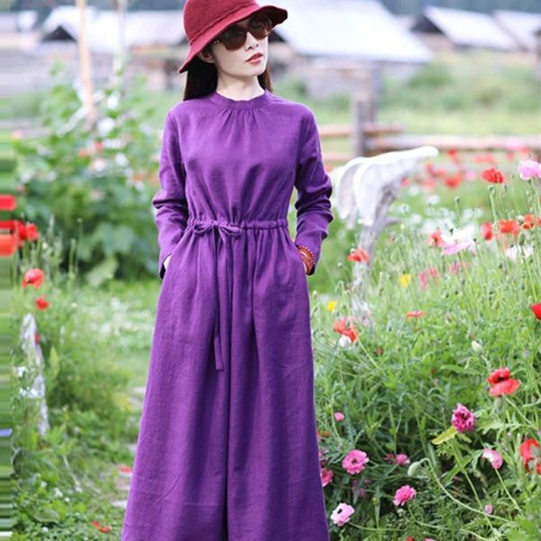 

casual dresses women autumn long dress 2021 arts style vintage solid color loose comfortable female cotton linen maxi p1485, Black;gray