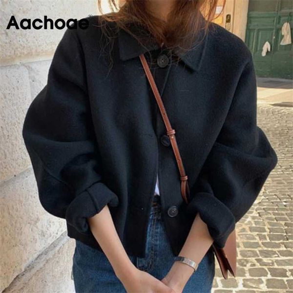 

aachoae autumn winter women elegant solid color wool coats chic turn down collar long sleeve coat female chic outerwear 211222, Black