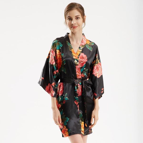 

women's sleepwear mini women homewear print bride wedding robe kimono bathrobe over size intimate lingerie half sleeve nightwear, Black;red