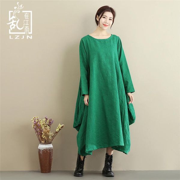 

casual dresses lzjn long sleeve cotton lantern dress autumn winter vintage shirt o-neck irregular robe femme a-line vestido 5 colors, Black;gray