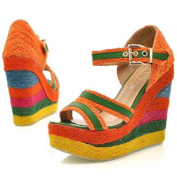 

trendy brand ladies cane sandals colorful high platform women summer wedges shoes woman sanda, Black