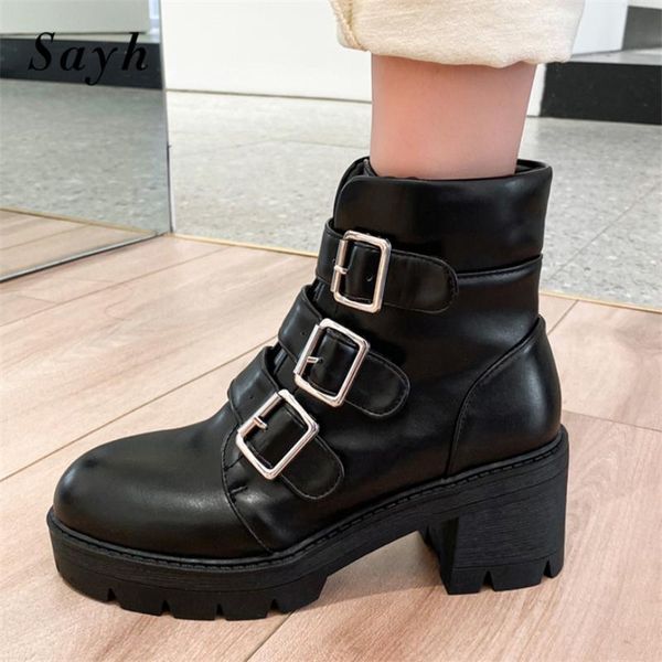 

boots winter women ankle punk rock motorcycle zipper metal buckle chunky heels pu leather outdoor shoes black size