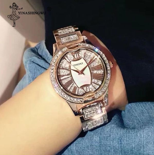 

wristwatches 2021 women watches luxury steel full rhinestone wristwatch big dial lady crystal dress quartz watch female, Slivery;brown