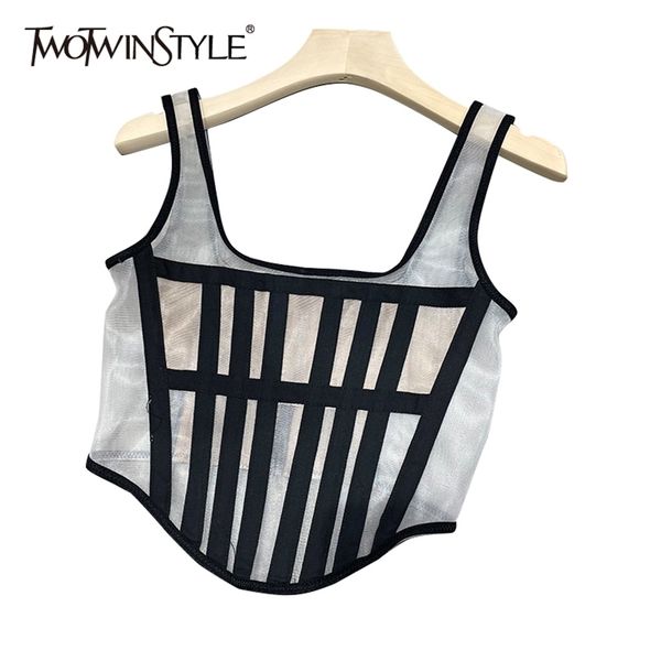 

patchwork vest for women square collar sleeveless slim party short tank female fashion clothes 210524, White