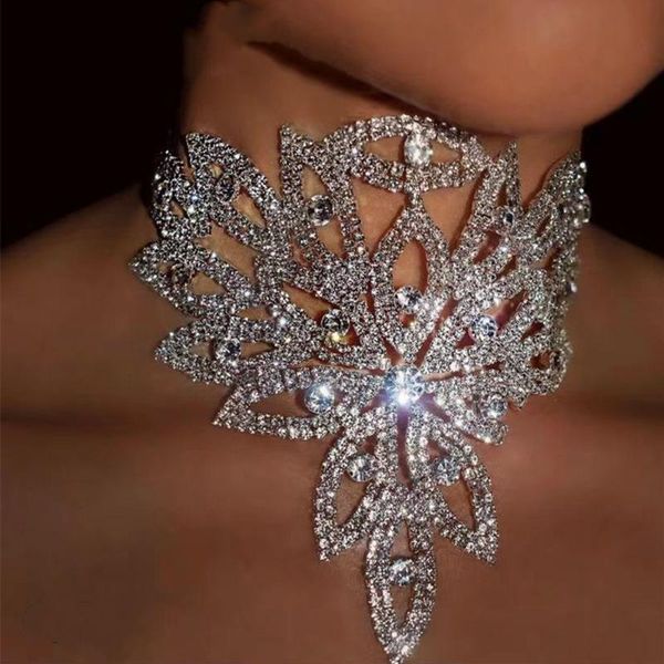 

luxury rhinestone big wedding choker necklace jewelry for women shiny crystal leaf shape collar bib accessories chokers, Golden;silver