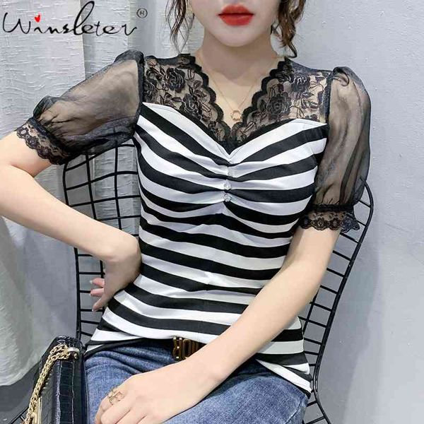 

women's t-shirt summer korean style girl fashion v-neck button patchwork lace women short sleeve tees all match t14312a, White