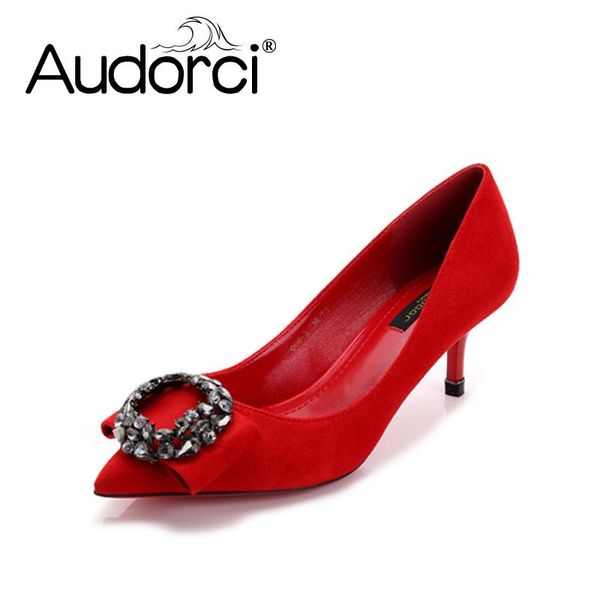 

dress shoes audorci fashion women's 2021 europe pumps shallow black work high heels bowtie red wedding size 34-40
