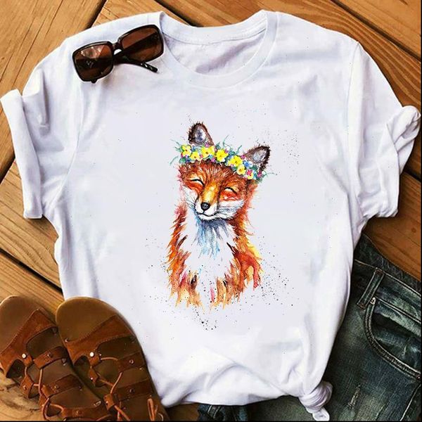 

womens t shirt fashion shirts colorful fox printed women summer girls tees streetwear easy fit femme vestidos, White