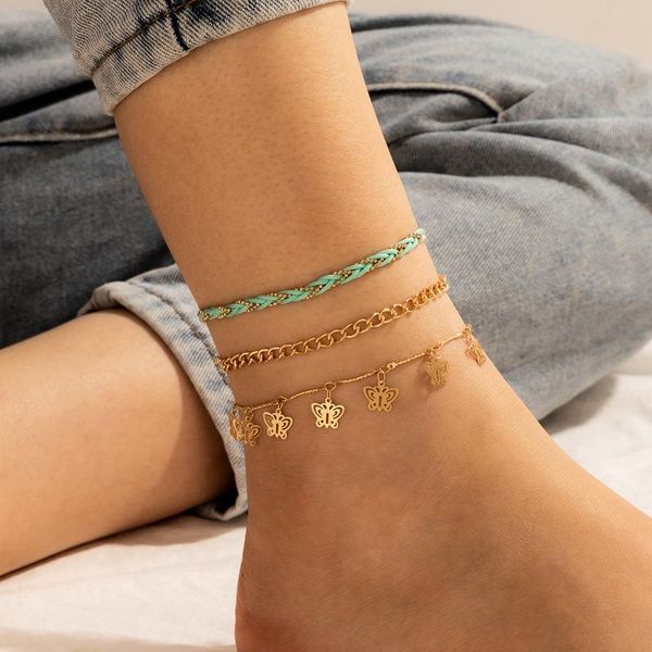 

anklets vintage antique gold color anklet women 3 layers full butterflys bracelet charm bohemian ankle boho foot jewelry, Red;blue