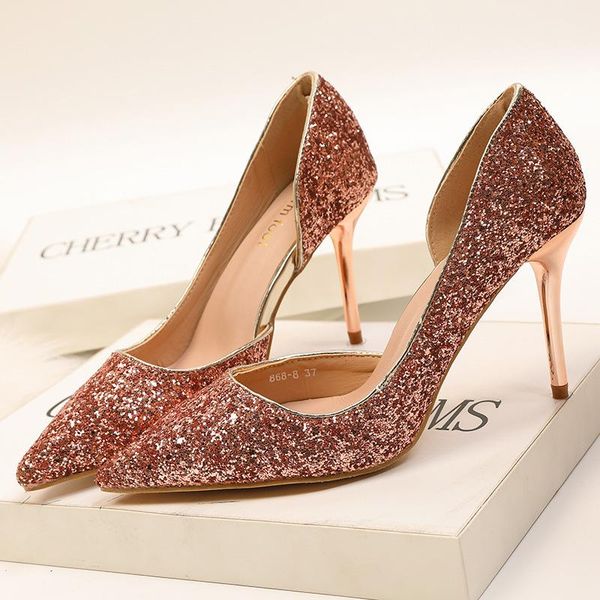 

and american wind nightclub show thin shoes high heel with shallow pointed mouth side hollow out sequined sandals, Black