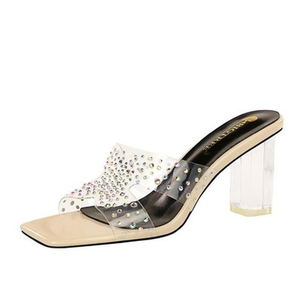 

dress shoes 2021 european summer women slippers transparent bright piece crystal high-heeled indoor outdoor party wedding sandals, Black