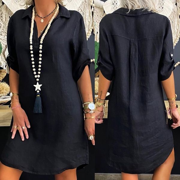 

fashion loose streetwear beach women dress holiday plus size solid cotton linen turn down shirt vestidos, Black;gray