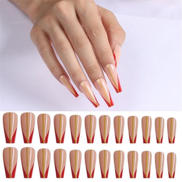 

false nails diy v french full cover acrylic long ballerina fake nail tips t shape, Red;gold