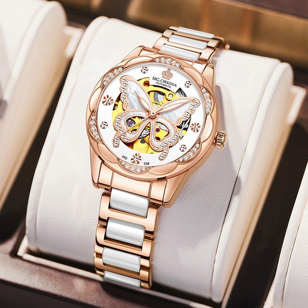 

watch oujina net red girls full automatic mechanical ceramic butterfly luminous fashion, Slivery;brown