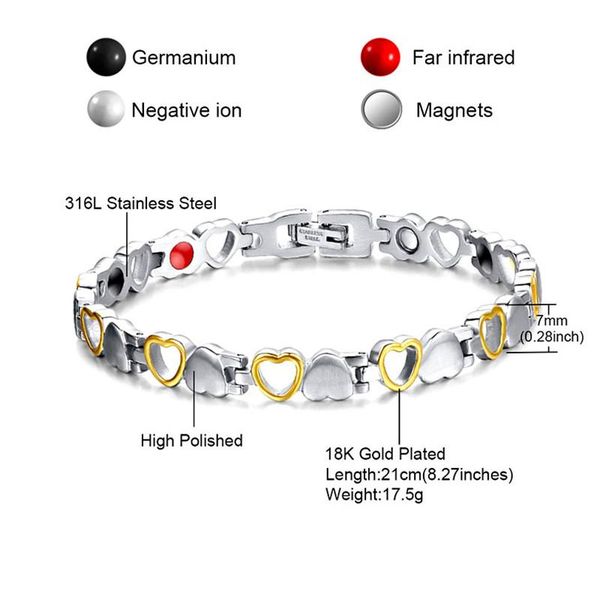 

heart shape health magnetic bracelet for women anti-radiation care stainless steel bracelets & bangles with germanium link, chain, Black