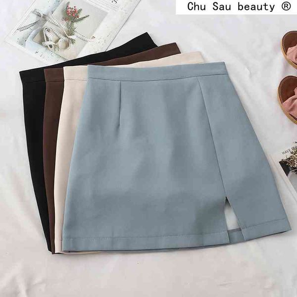 

korean fashion student solid high waist slim slit skirt summer buttock wrapping short mini skirts women mujer faldas 210508, Black
