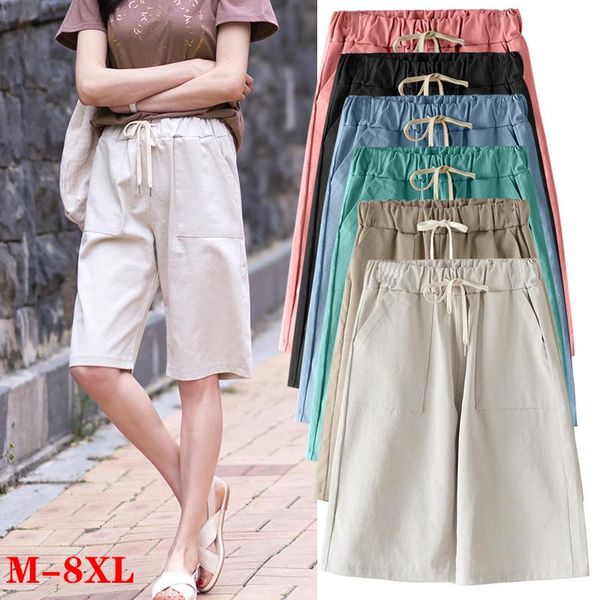 

women's shorts women summer loose straight elastic waist drawstring knee-length plus size m- 5xl 6xl 7xl 8xl, White;black