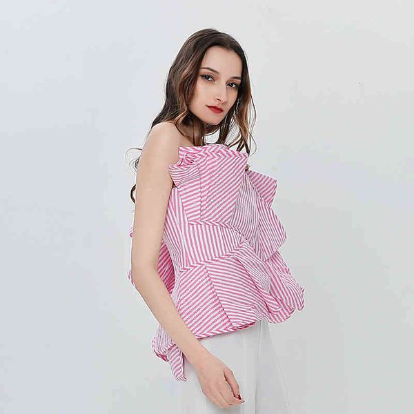 

tees asymmetrical striped shirt for women slash neck sleeveless patchwork ruffle short blouse female fashion clothes, White