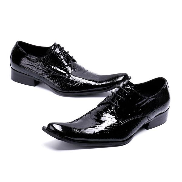

dress shoes men's casual genuine patent leather irregular toe snakeskin pattern lace up fashion height increasing man, Black