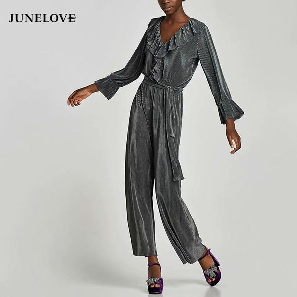 

women's jumpsuits & rompers junelove women spring flare sleeve loose elastic vintage v-neck female ruffles sashes casual lady, Black;white