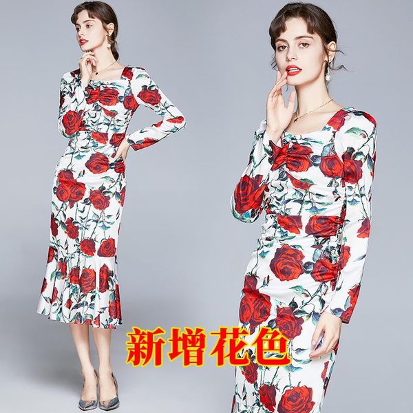 

casual dresses elegant fashion women square collar long sleeve satin mermaid dress floral print party, Black;gray