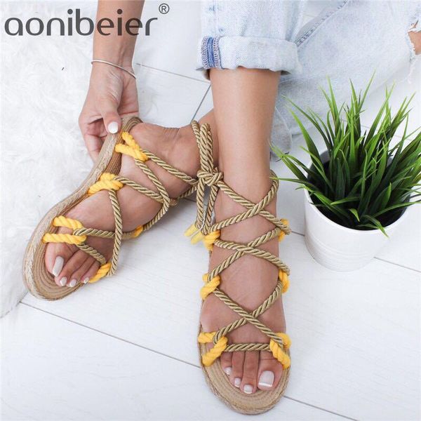 

aonibeier plus size 42 women sandals fashion rope gladiator summer shoes ladies flat casual beach, Black