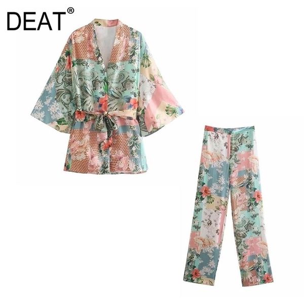 

[deat] summer fashion long sleeve v-neck printing shirt high waist wide leg pants women two-piece suit 13q361 210527, White